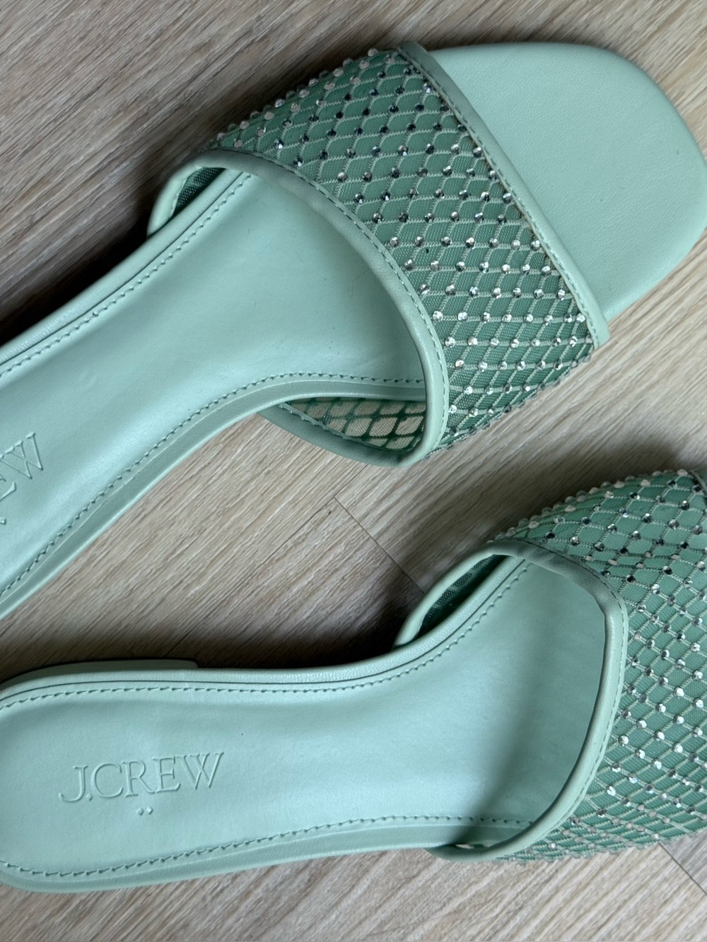 J. Crew Mint Green Mesh Rhinestone Crystal-Embellished Slide Sandals - Picture 6 of 6